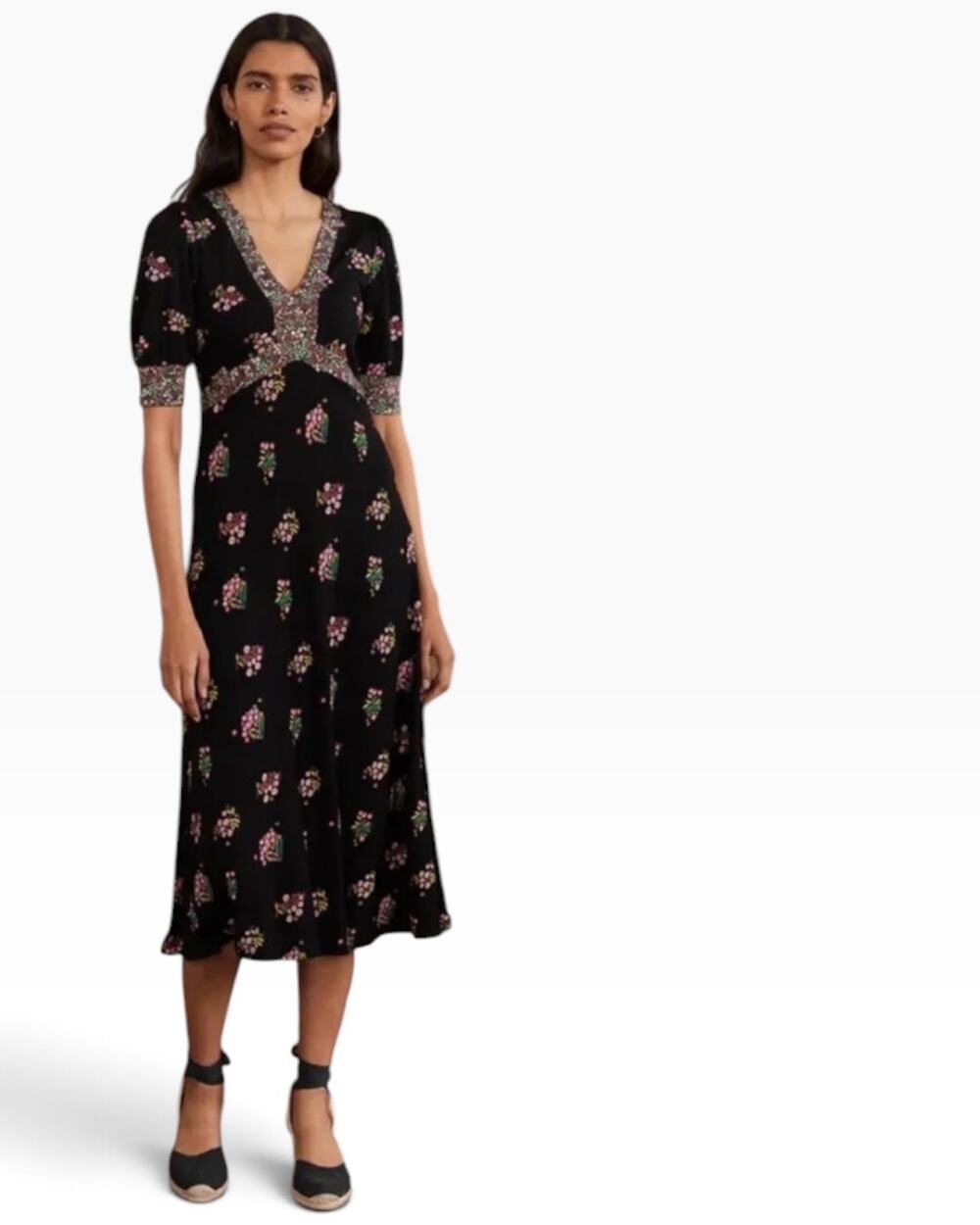 Boden Eva Jersey Floral Midi Dress V-Neckline Empire Waistline Feminine 14 R
